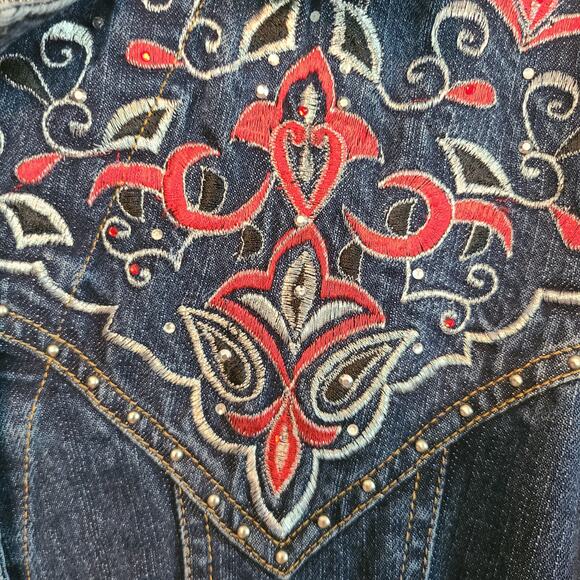 Gordon James Womens Embroidered Denim Jean Jacket Studded Boho Floral Sz S - Picture 5 of 9